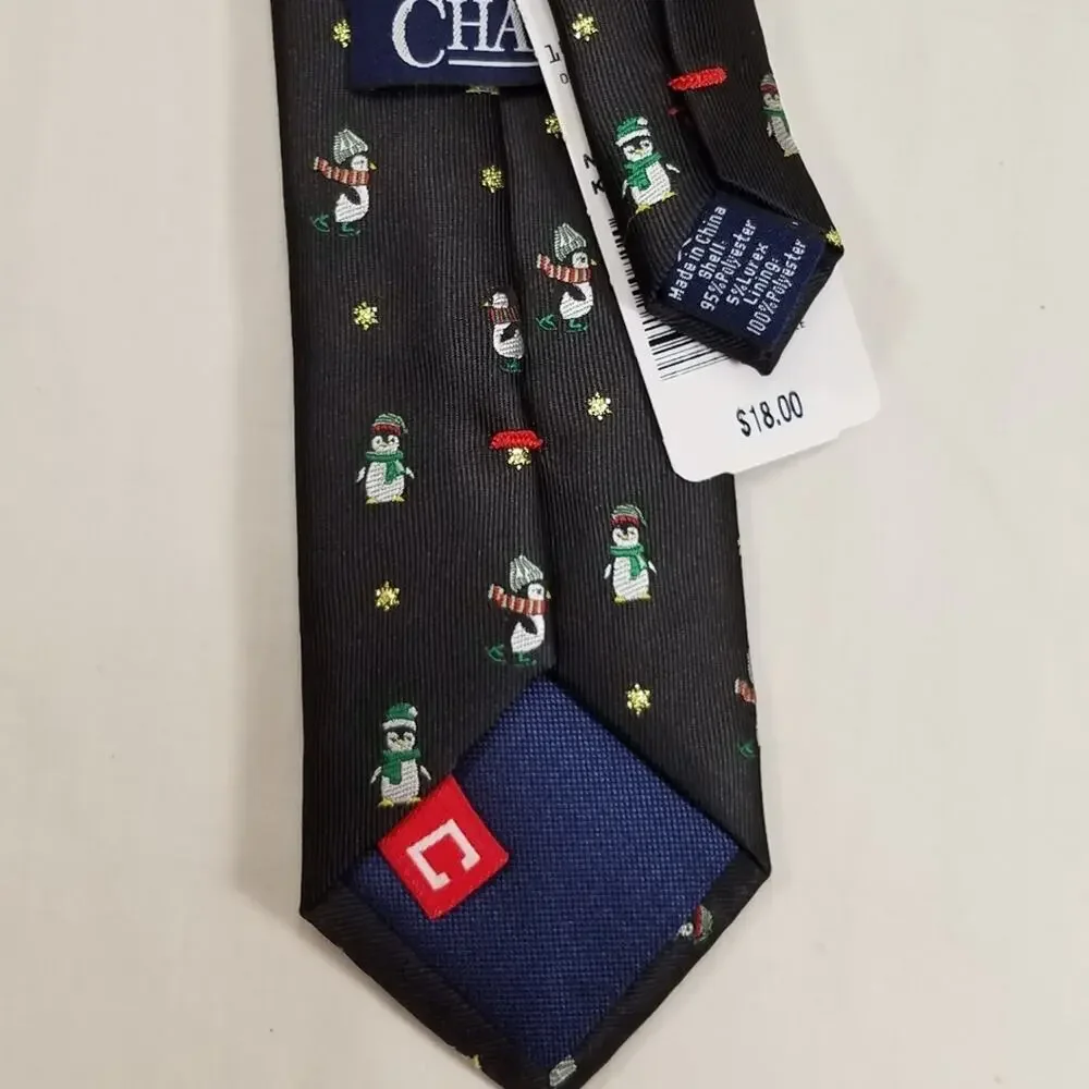 Chaps Kids Holiday/Christmas Navy Blue Tie W/Keene Penguin & Stars Easy-Clip New